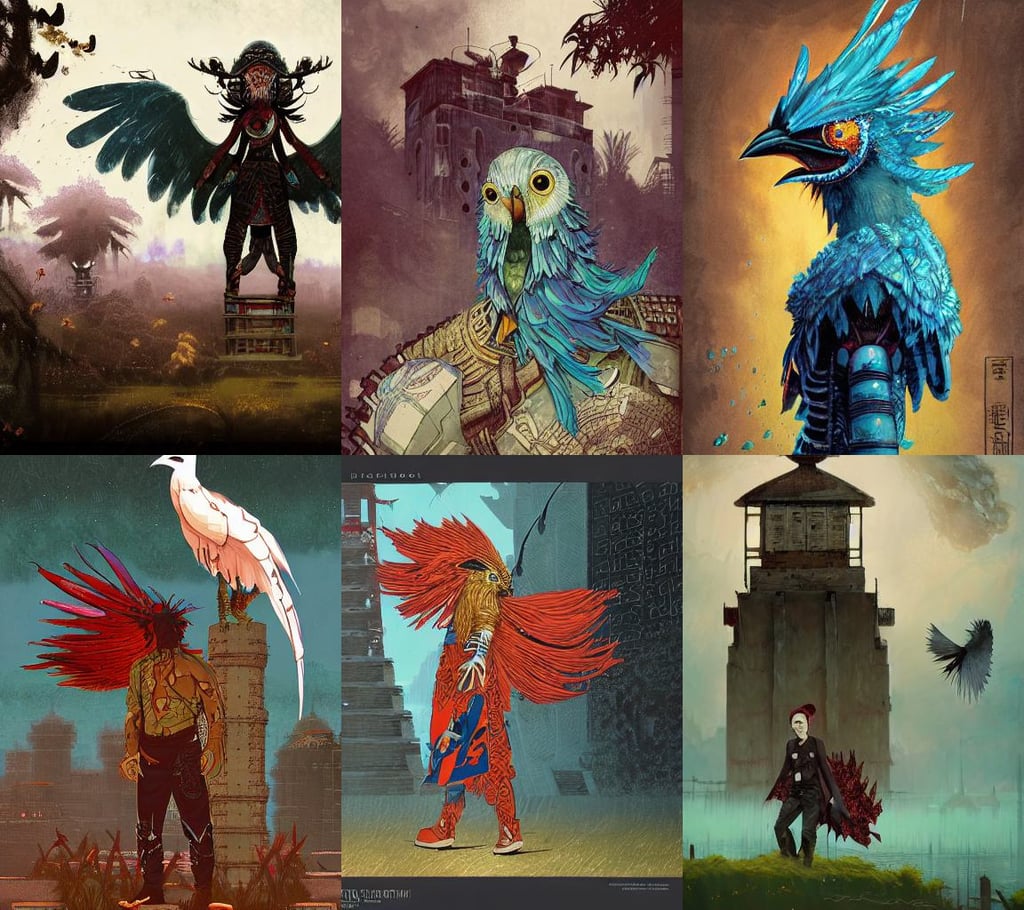 rpg! profile! portrait of humanoid bird on white background, traditional mayan art, with beautiful!, ruan jia, in the style of marvel comics, post - apocalyptic farmhouse with a rusty water tower in a flower field, victorian ，logo，by victo ngai and andreas rocha and greg rutkowski, fantasy youkai, hacking effects, thom browne, background in a cinematic, by kim jung gi, curly bangs and ponytail, flower meadow, painting by Craig Mullins, with glasses, peacefull