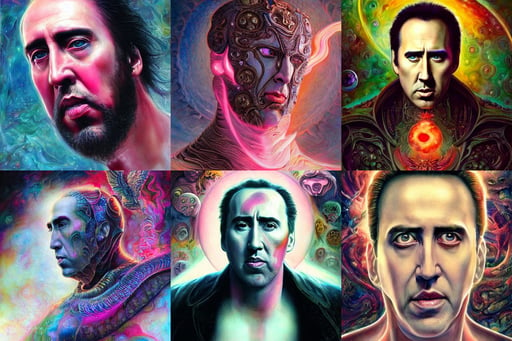 very very beautiful longshot photo of chthonic Nicholas Cage, cosmic horror painting, perfect proportions fine face, pink lighting ultra realistic photorealistic highly detailed high quality, by android jones and greg rutkowski and fernando botero in a surreal portrait style, apocalypse art, yin yang dalip singh, octane, very high detailed