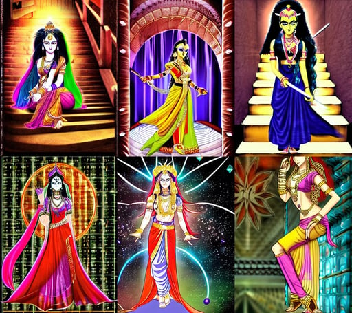 hyperrealistic photograph of cosmic draupadi from the mahabharata, stairs, mandala, hacker, high heels. Anime style at Pixiv