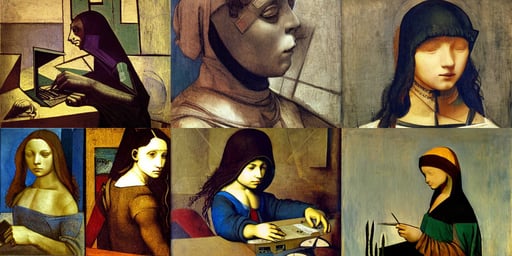 futuristic hacker boy hacking computer, art by Leonardo Da Vinci, n..., Oxidian, art by Pablo Picasso, art by Eugène Delacroix