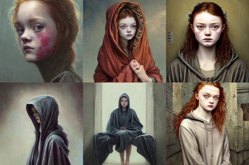 sadie sink sits in hoodie, abstract cloth, so souly, realistic oil painting by gustave dore, neuromancer, art by charlie bowater and artgerm and greg rutkowski and alphonse mucha, sitting in a prison, hazel colored eyes, phuoc quan, afternoon, small beard, hooded figure Surreal, entertaining, divine goddess, by Tom Bagshaw and Daniel Gerhartz and Albert Aublet and Lawrence Alma-Tadema and alphonse mucha, in the style of peter lloyd and gahan wilson