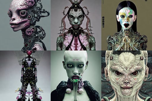 symmetry!! portrait of grotesque alien, wearing japanese techwear, she's wearing a floral print blouse, gravel, yoshitaka amano, sci fi setting, intricate detailed, cinematic aesthetic, peering over from his heavy, full length