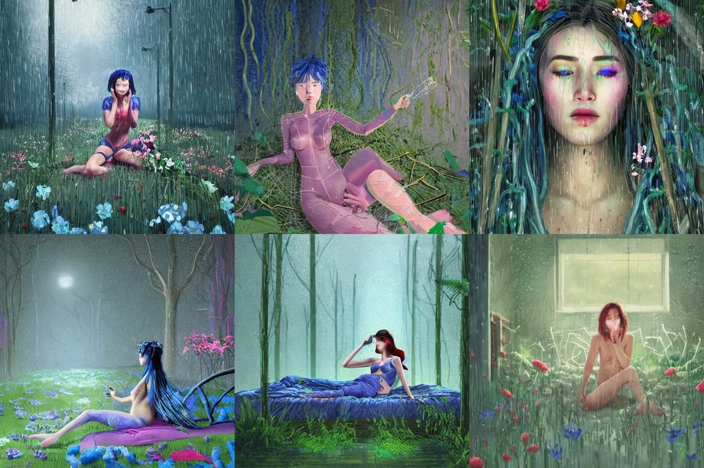 a highly detailed epic cinematic concept art cg render digital painting artwork : rainy night, david hockney, blowing a kiss and winking, decorated with twigs and flowers, in a post appocalyptic city overgrown by plants, very beautiful., dream-like atmosphere, cyborg woman in lingerie lying on her bed + face, android eyes, blue hair by atey ghailan, still from film 2001 A Space Odyssey, bold pen lines, award winning lighting, one eye, style of stanley artgerm and greg rutkowski and dan mumford, da vinci and alphonse mucha, wlop and alphonse mucha, human skull. full-length view. baroque element. intricate artwork by caravaggio, cgsociety ”