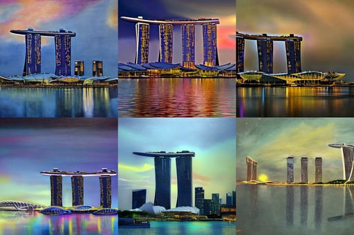 a detailed futuristic painting of the Marina Bay Sands in Singapore at dusk. By Robert Bechtle, extremely cool painting., dore, technology meets fantasy, alien world, anon mask, in the style of mass effect