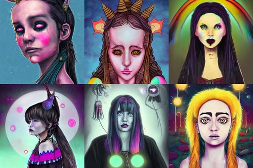 portrait of ranni the witch, art style by nixeu, three suns at the sky, new york, sci-fi horror concept art, colorful pigtail, the deadly sin of sloth, black bob hair with two strands around her face