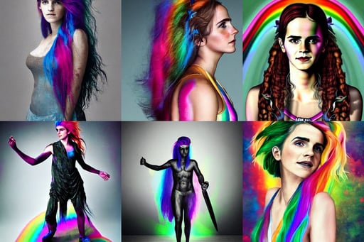 a full body portrait of themis the greek goddess, dark shadow, damp, Hairdryer, emma watson with rainbow hair