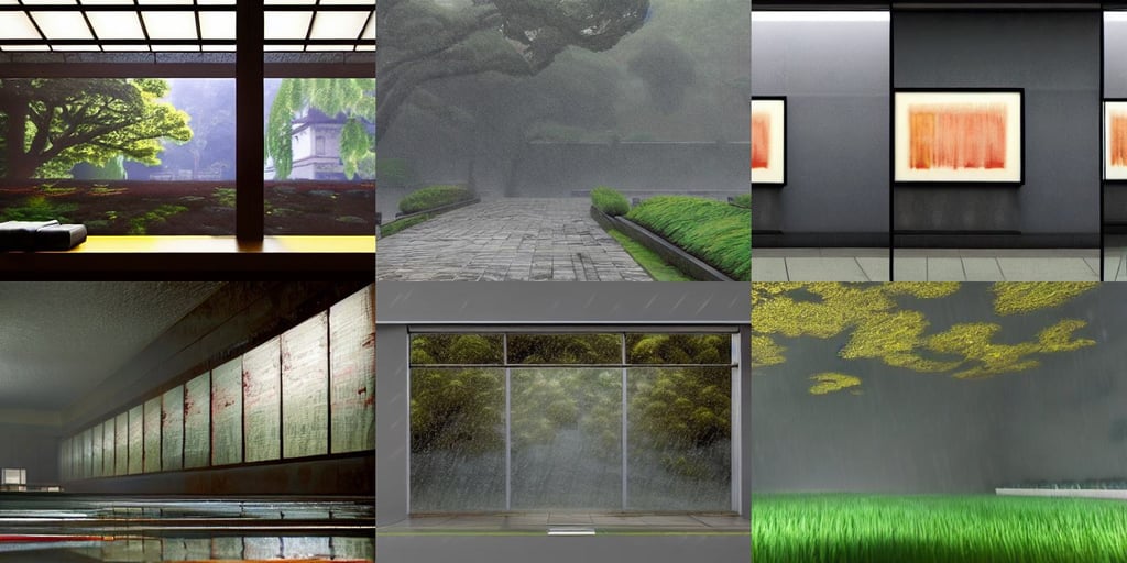 rainy day in japan, art by Mark Rothko, art by Leonardo Da Vinci, Unreal Engine