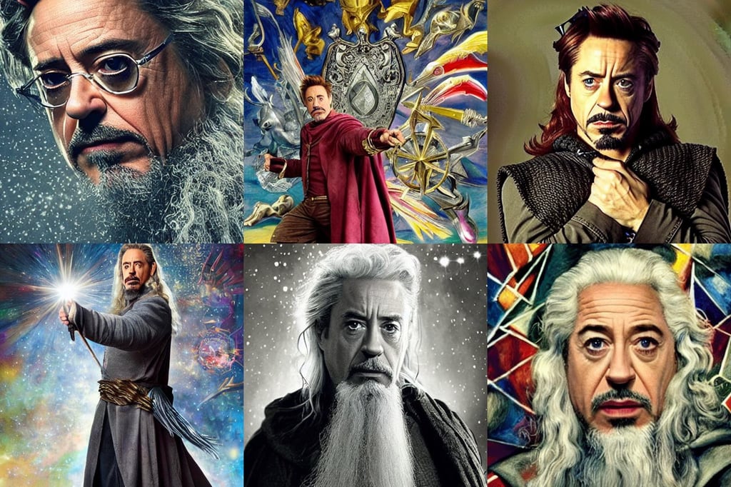 Robert Downey Jr. as Gandalf, busy, Bokeh, Animation ..., house crest, Accent Lighting, art by Pablo Picasso, art by Sir Peter Paul Rubens, spreading wings, art by Sir Peter Paul Rubens