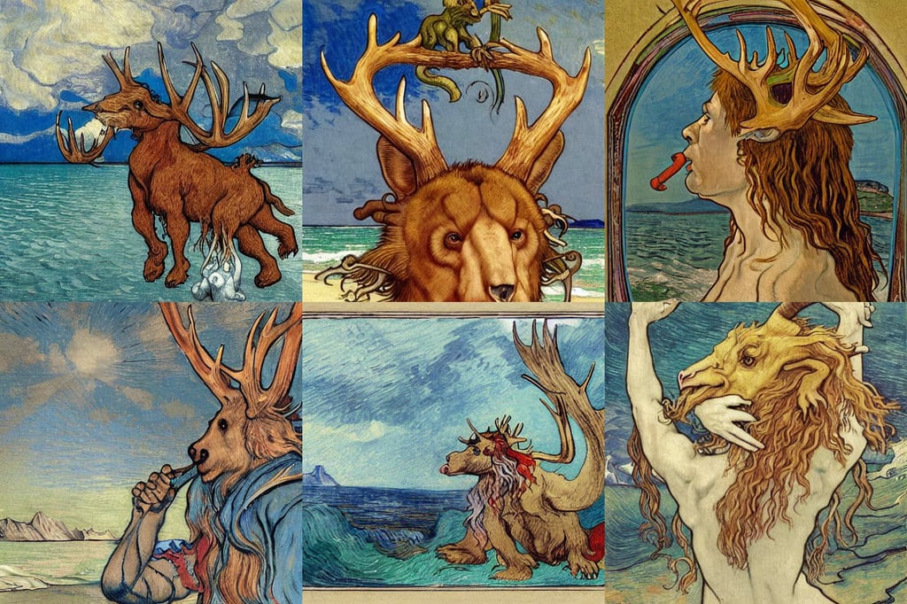 a giant bear with antlers nightmare, art by Albrecht Dürer, art by Eugène Delacroix, on the Aegean shore. Breaking waves. Small colorful dragons listening. Drawn in the style of Alphonse Mucha, house crest, hd 8k, art by Jan Van Eyck, intricate devil goat chimaera realistic, art by Vincent Van Gogh, art by Gustav Klimt, metallic colours +8k, art by Francis Bacon