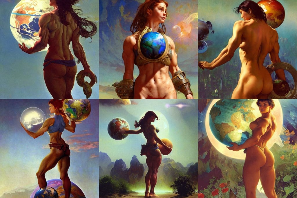 a beautiful muscular woman wearing casual clothes carrying a giant planet Earth on her back, Bruce Pennington, details, art and illustration by tian zi and craig mullins and wlop and alphonse mucha, trending art station, Bruegel