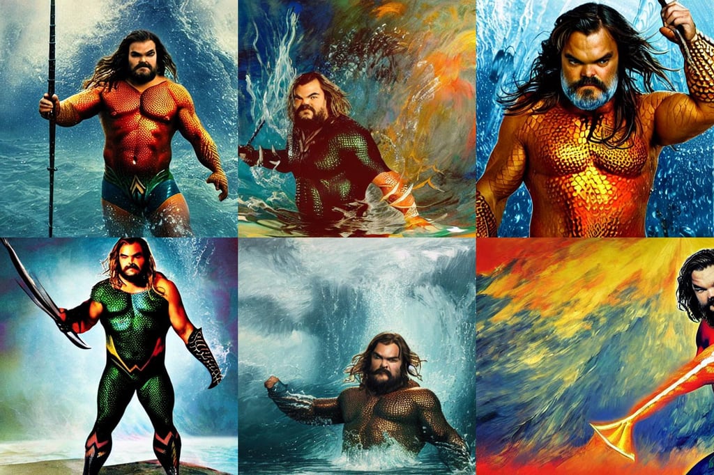 Jack Black as Aquaman, goodness, art by Gerhard Richter, houses, art by Joseph-mallord William Turner