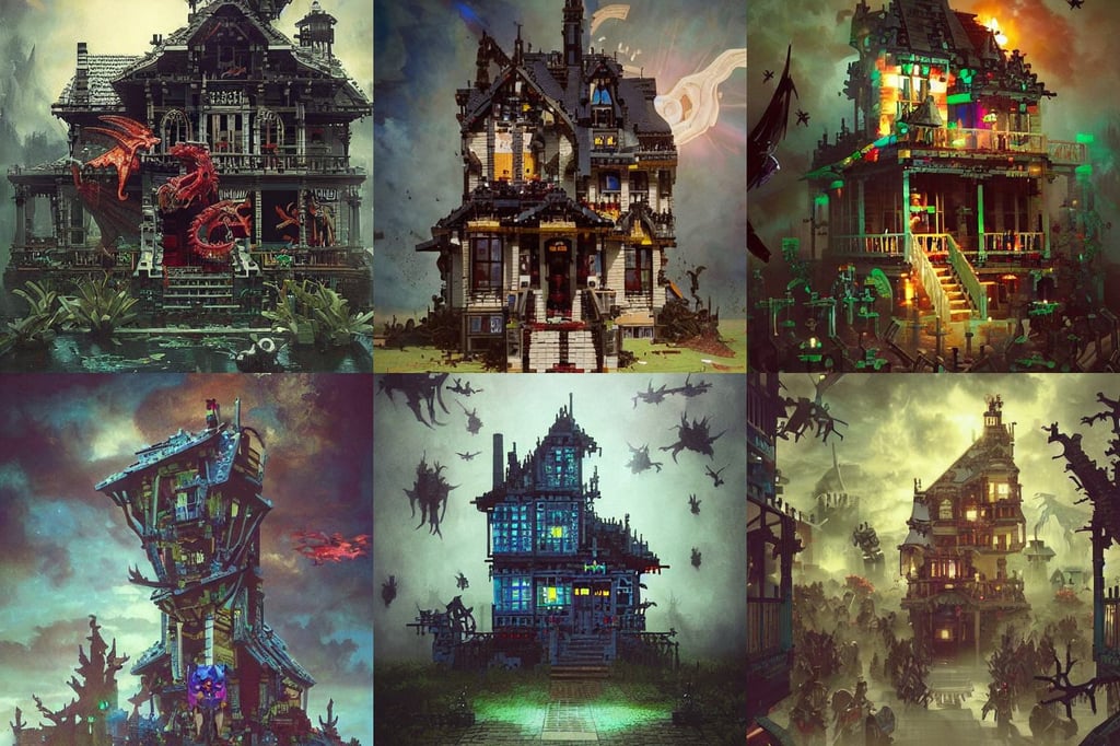 haunted house made with legos, holograms overlayed, Steve McCurry, mass effect, beeing happy, 4K concept art, devainart, trending on instagram, dragon by ross tran, art by WLOP and Greg Rutkowski and Alphonse Mucha and Peter mohrbacher and James Jean, sunbathed skin