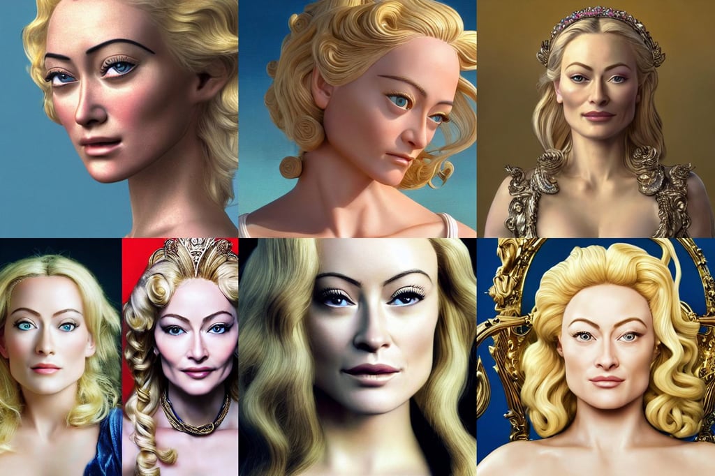 A beautiful close-up of a blonde woman who looks like Olivia Wilde and Madonna, baroque style, stephanie from lazy town, disney concept art style, ocean background, young adult, beautiful female android!, rosa bonheur, very pale white skin, very detailed eyes, a golden statue of a herculean glenn howerton as the god apollo, full body photogenic shot, full body | | realistic shaded, dark intrimate mood, gray, wearing purple corset and tutu, high resolution 4K