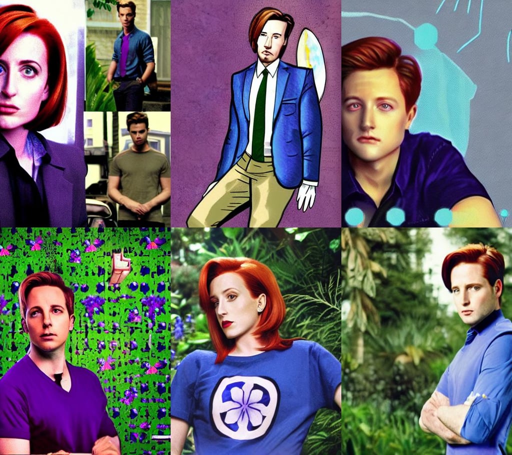 a portrait of a cute agent scully, spots of blue flowers nearby, handsome gay guys around, wearing purple undershirt, house music poster