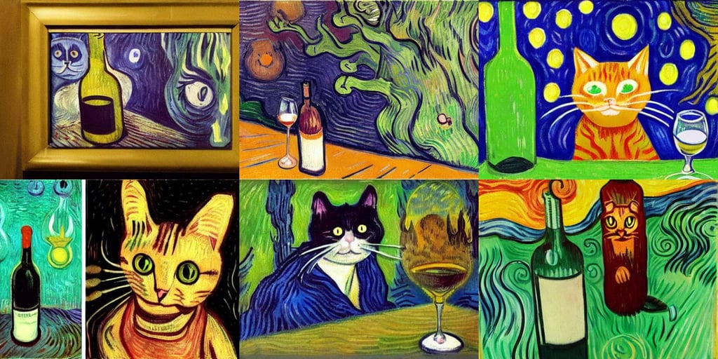 a cat drinking a bottle of wine, sketch of alien faces, trees, fullbody, art by Vincent Van Gogh, art by Edvard Munch, Bokeh blur