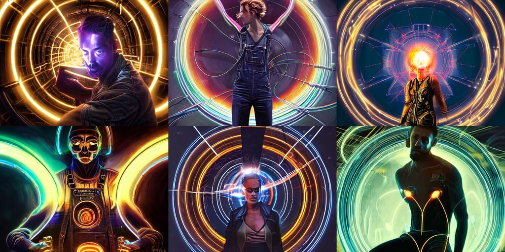 hyperrealistic image of dark matter engine, single centered subject, torn overalls, glam, epic angle and pose ribcage, science fantasy, outlined by whirling illuminated neon lines and fine lines swirling in circles by greg rutkowski, illstration