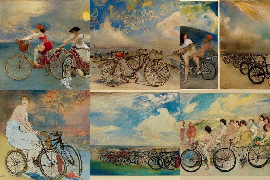 thousands of bicycles parked, art by Joseph-mallord William Turner, art by Hilma Af Klint, art by Francisco De Goya, and intricate clouds on the Aegean shore. Drawn in the style of Alphonse Mucha, Variated Greenery, art by Andy Warhol, art by Tiziano Vecellio Di Gregorio