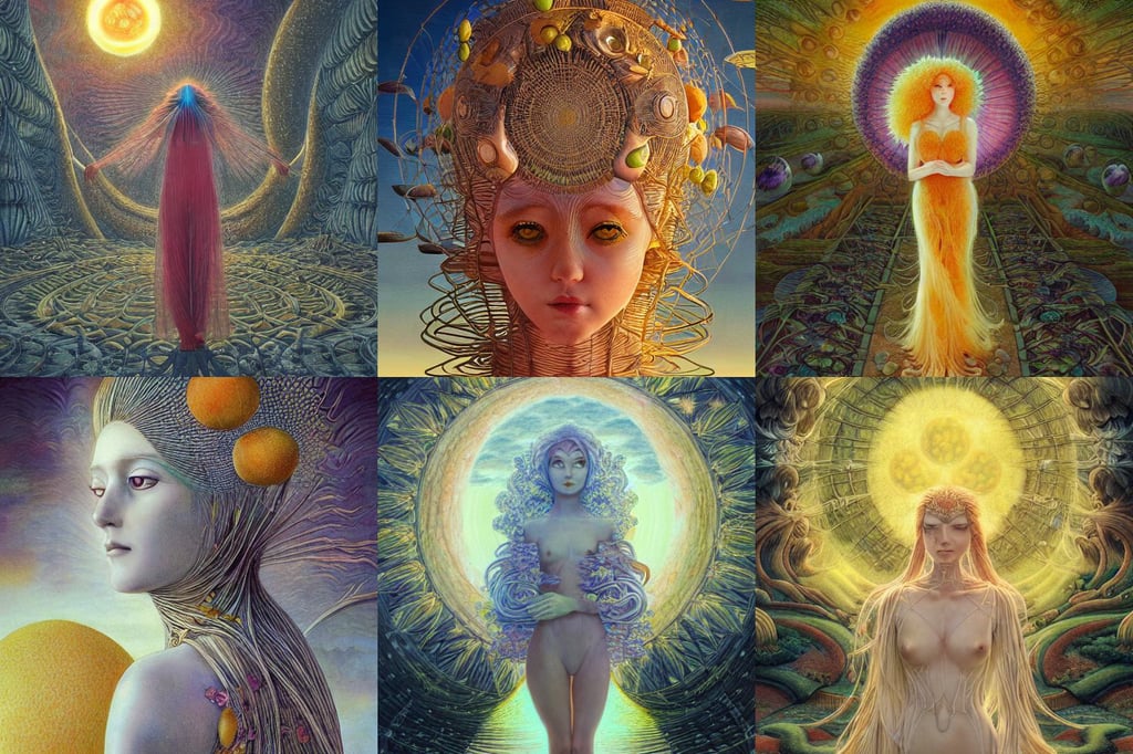 a city moonrise landscape, Alex Grey, vray render, character concept art of an anime goddess of lemons | | cute - fine - face, by robert hooke and ernst haeckel and agostino arrivabene and joaquin sorolla, golden long hair, colorful ink