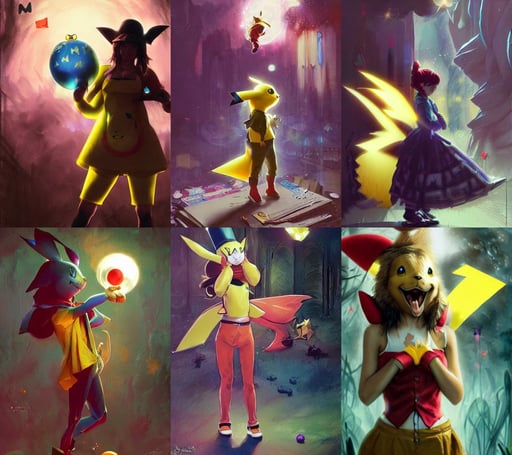 Pikachu fantasy, by greg rutkowski and craig mullins, beautiful edc burton wonka clowncore madison beer cyborg woman