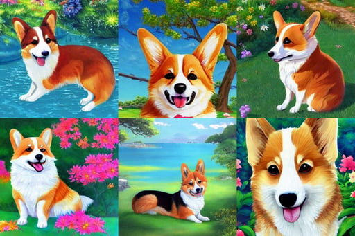 beautiful anime painting of relaxing summer corgi