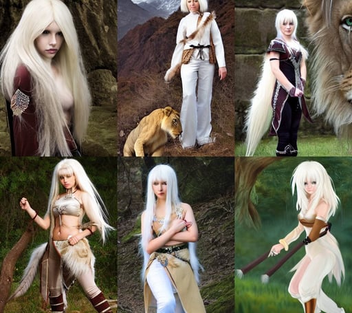 full body portrait of a stunningly beautiful female white hair hime cut, a ranger with a maned lion