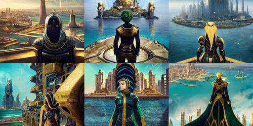 magnificent view of the city of atlantis rising on the sea, cyberpunk color scheme, formal, black hoodie girl from behind on the bottom, gold crown by greg rutkowski, green and gold plate mail armor intricately painted, she in on the top of a building taking a selfie