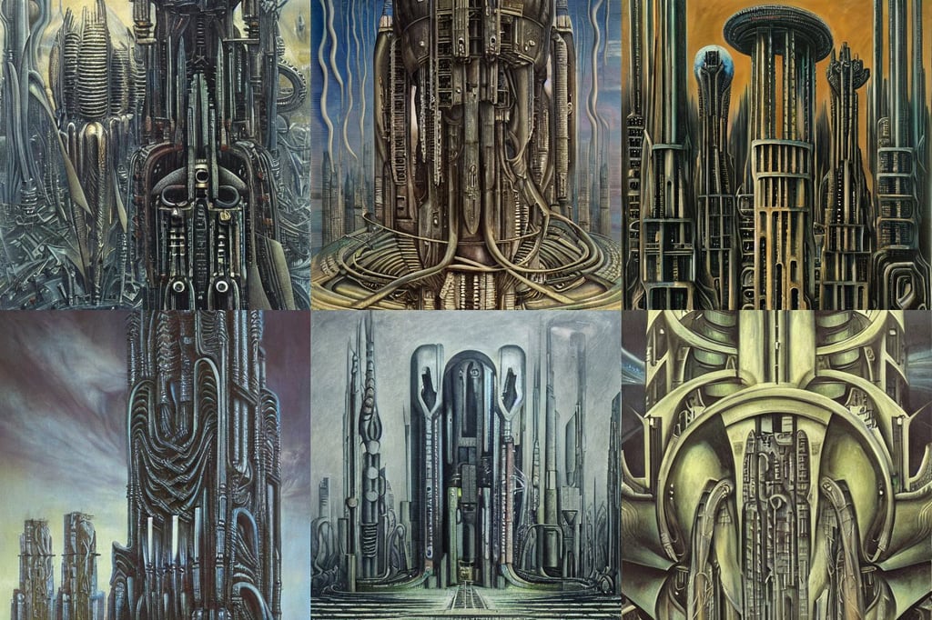 A utopian arcology by H. R. Giger, oil on canvas