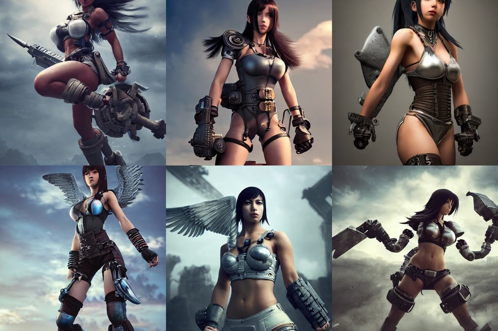 mechanized valkyrie of tifa lockheart, steve mccurry and Irakli Nadar, style of 3 dimensional render, photorealistic 3 d, huge scene, high quality graphics, cgsociety, sharp fingernails, ilya kuvishinov style, legend of the cryptids