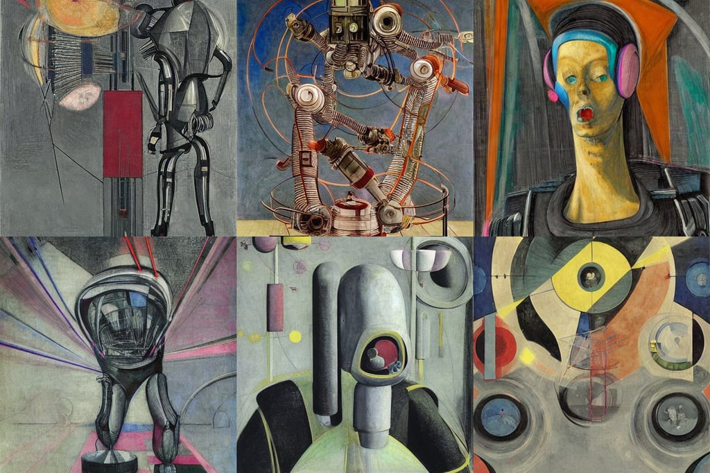 futuristic heavy industrial robots, art by Francis Bacon, art by Tiziano Vecellio Di Gregorio, cyberpunk, photorealistic, stars, hyper maximalist, gustav dore, art by Hilma Af Klint, 1960s art, atmospheric, art by Paolo Uccello, ethereal lights fade from every room, Animation Concep..., art deco, Filip Hodas, art by Kazimir Malevich, art by Rembrandt Van Rijn