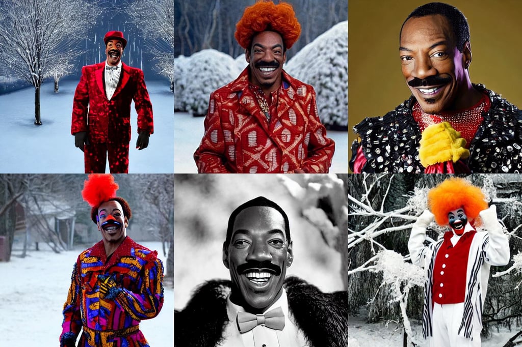 photo of eddie murphy as a clown looking at the camera and smiling, with village, a tree almost fully covered in bulky snow, armor plating