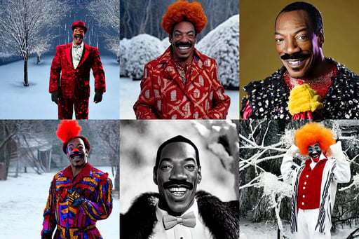 photo of eddie murphy as a clown looking at the camera and smiling, with village, a tree almost fully covered in bulky snow, armor plating