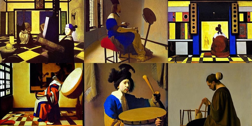 The god of rhythm and drums, concept art, art by Johannes Vermeer, art by Piet Mondrian