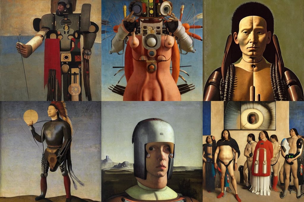 futuristic cyberpunk native american robot, art by Raffaello Sanzio, art by Jan Van Eyck, art by Joan Miró, dramatic lighting, art by Raffaello Sanzio, art by Piero Della Francesca, hyper-realistic, art by Gustave Courbet