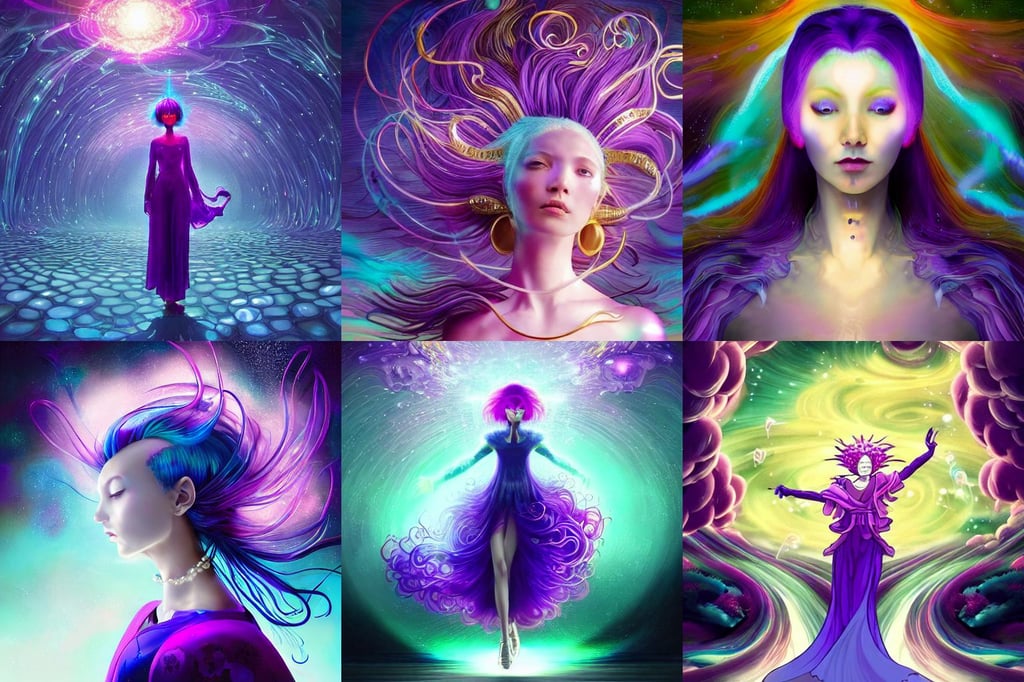 beautiful woman with glowing purple hair, with a Pearl, expressive pose, interesting lights, creating a mystical energy of blue, amazing composition unreal engine, unification of self, jan van eyck, by petros afshar takashi murakami victo ngai akira toriyama, next to a river, The winery is situated in a picturesque valley