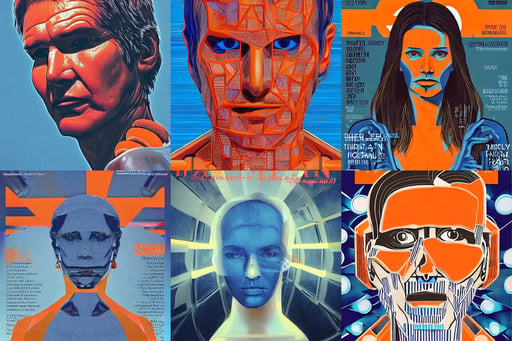 symmetry!! portrait of harrison ford, narrowed eyes, bone dress, perfect proportions defined face, rock concert, blue and orange, gq cover : :, photorealistic hd, bikini. by takashi takeuchi, thirteen-dimensional, she's in a nautilus made of mirrors that hides the secrets of life