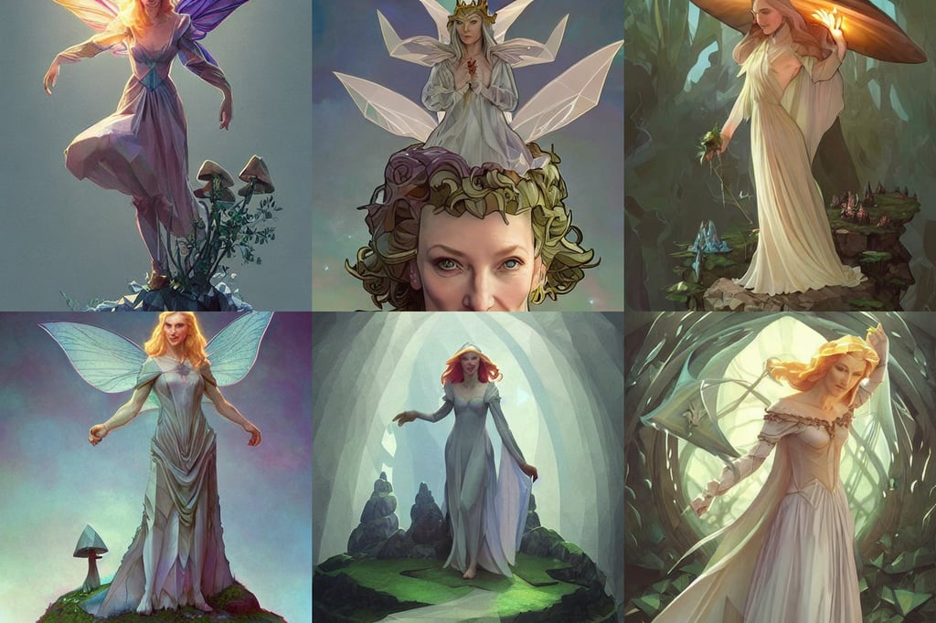 a cute little matte low poly isometric mushroom island, baleful Cate Blanchett as Galadriel as a queen of fairies, style of Stanley Artgerm, art by artgerm and greg rutkowski and alphonse mucha and giger