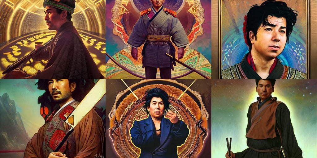 Highly detailed portrait of Kurdish samurai, hands hidden, shaded face, Michael Mcintyre looks on in background, very hot, head to shoulder, amazing beauty, vast cosmos, art by WLOP and Greg Rutkowski and Alphonse Mucha and Peter mohrbacher and James Jean, neon bar lights, kuudere fascist dictator