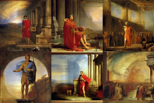 Emperor Gaius Iulius Caesar, intricate details, dramatic atmospheric lighting, robotic eyes, art by Nicolas Poussin, art by Joseph-mallord William Turner