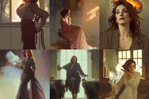 A portrait of Nancy Patricia Pelosi by greg rutkowski and alphonse mucha, johannes voss, wet dripping hair, big windows, fire smoke and explosions, 1 9 9 0 s, working at an old west saloon, concept art ( ( by greg rutkowski ) ), dynamic angle, christopher cao