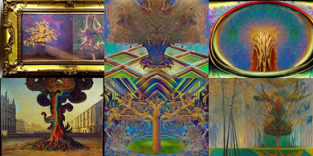 iridescent tree with donut leaves, Kangol, art by Marcel Duchamp, art by Gerhard Richter, mysterious, intricate devil goat chimaera realistic, factory setting, federichi, art by Jackson Pollock, Baroque Architecture, art by Nicolas Poussin, stars