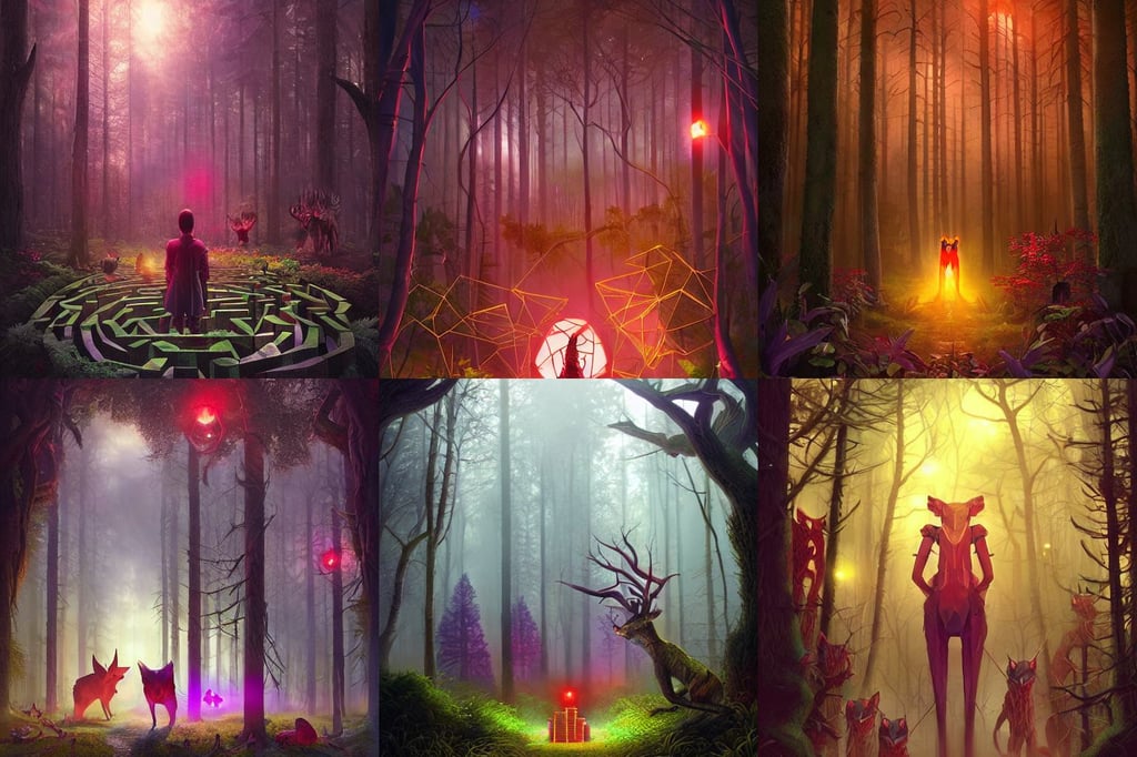 forest critters in a polygonal maze, interior lighting, red and purple and yellow back light, art by artgerm and tom bagshaw, dramatic cinematic background, Design