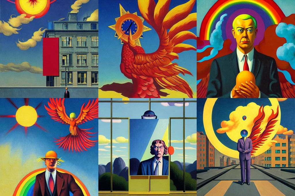 phoenix of the atomic clock, and Rene Magritte. detailed, edward hopper. faithfully depicted facial expression, dan mumford, bright rainbow gold nimbus, Dark Fantasy