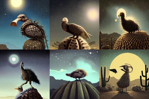 A Dodo bird crouching perched atop a Saguaro cactus in the desert, steampunk fiction, vignette of windowsill, with mechanical arms that fix it, steampunk concept art, gapmoe kuudere moody lighting stunning bokeh highlights sharp contrast, with some constellations visible, wearing a dark gray du rag and a black winter puffer coat, digital anime art, reality, inspired by lord of the rings and mass effect and epic fantasy unreal engine 5