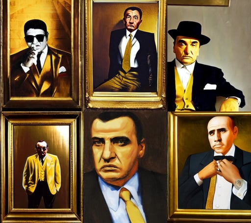 “A portrait of a mafia boss in a golden suit, overpowering