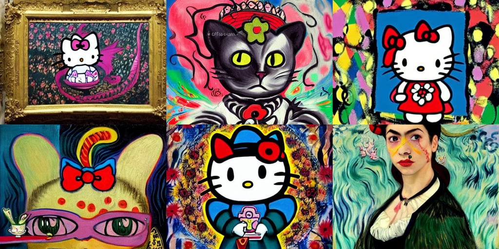 Hello Kitty as a dragon, art by Gustave Courbet, magic, Kangol, art by Magdalena Carmen Frida Kahlo Claderón, art by Jackson Pollock, art by Gerhard Richter, fashion, art by Vincent Van Gogh, cinematography, art by Pablo Picasso, magical, art by Jenny Saville