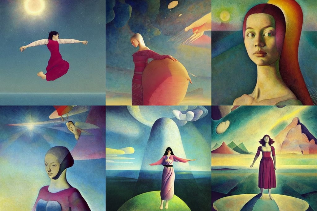 beautiful young woman , art by William Blake, art by Wassily Kandinsky - Photo, peaceful and softly landscape who has Namek’s villages with a female character flying trough the sky, realism, Filip Hodas, tempting, Houdini-Render, art by Kazimir Malevich