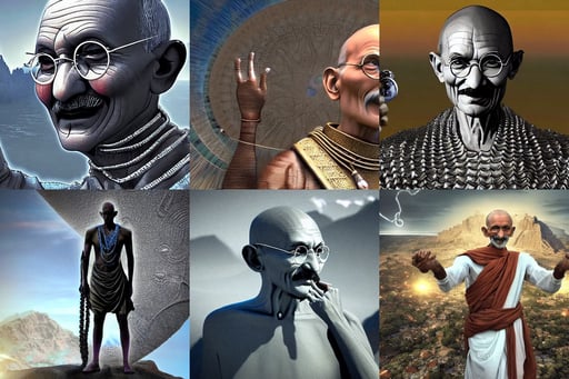 a selfie of Mahatma Gandhi using his superpowers, armor, swirly, chain mail, fatima siad, dynamic background, futuristic cityscape carved into mountain wall, national geographic photo winner, 3 drender, unreal engine 5 mindblowing