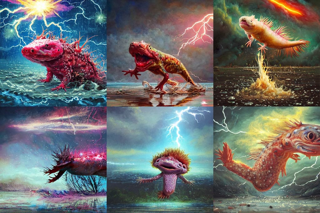 highly detailed monster Axolotl hit by lightning from the sky in a small puddle, energy pulsing, In the art style of Mohrbacher, konstantin razumov, photo photograph, explosions, out of focus background, shot from the ground by Yoshiyuki Sadamoto