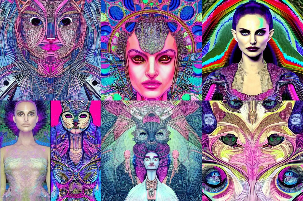 hyperspace palace of light technology, natalie portman and mila kunis, morrowind, perfect face!! intricate, pink and blue mohawk hairstyle, illustrious makinami, white minimalistic cat visuals concept by peter birkhauser and louis wain