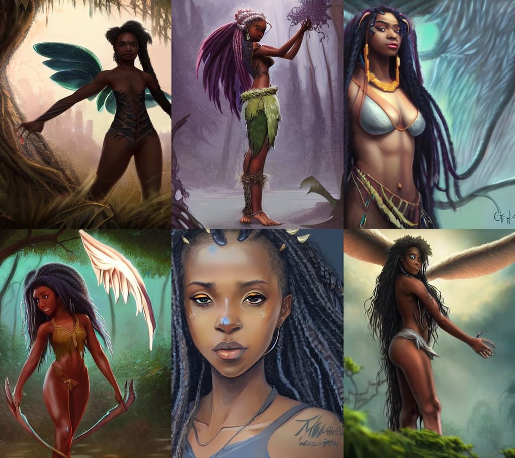 character concept art of an african - american anime dryad | | cute - fine - face, angel wings on back, extremely detailed shading, dark gate, long braids, brandon mays, light beard, dragon scales across hairline, hd greg rutkowski, miami vice, loin cloth